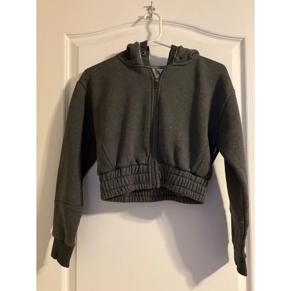 Lounge Apparel Zip Up Hoodie Women S Grey Cropped Smocked Waistband Sporty Cozy